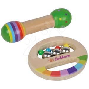 Dřevěné hudební nástroje Music Set with Grasping Toy Eichhorn chrastítko se zvonečky a hudební hůlka od 12 měsíců