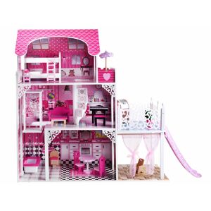 mamido Dřevěný domeček pro panenky s nábytkem a skluzavkou růžový
