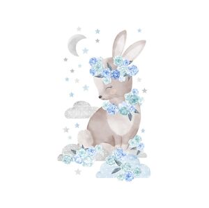 Pastelowe Love Nálepka na zeď - zvířátka - králík s růžemi barva: Modrá