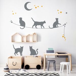 Yokodesign Nástěnná samolepka - stínové obrázky - kočky na laně barva kočky: lila, barva doplňky: sv. modrá
