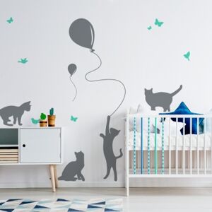 Yokodesign Nástěnná samolepka - stínové obrázky - kočky s balónky barva kočky: mátová, barva doplňky: šedá