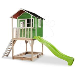 Domeček cedrový na pilířích Loft 700 Green Exit Toys s voděodolnou střechou pískovištěm a 2,28 m skluzavkou zelený