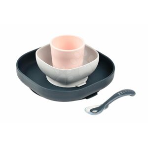 Jídelní souprava Beaba Silicone meal set ze silikonu 4dílná růžovo-šedo-modrá pro miminka