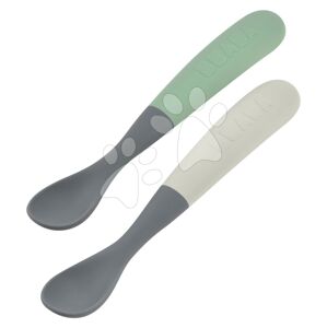 Ergonomické lžičky 1st Age Silicone Spoons Beaba Mineral Grey Sage Green ze silikonu k samostatnému jídlu v boxu 2 kusy od 4 měsíců