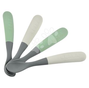 Ergonomické lžičky 1st Age Silicone Spoons Beaba Mineral Grey Sage Green ze silikonu k samostatnému jídlu 4 kusy od 4 měsíců