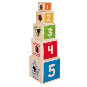 Dřevěná skládací věž Color Stacking Tower Eichhorn 5 barevných kostek a 5 tvarů od 12 měsíců