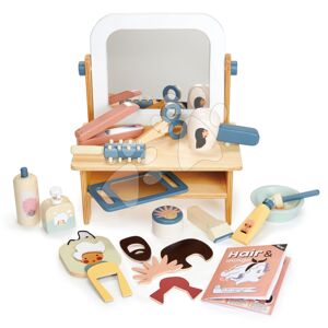 Drevený kadernícky salón pre bábiku Hair Salon Tender Leaf Toys s otočným zrkadlom a 18 doplnkami od 3 rokov TL8112