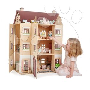 Dřevěný domeček pro panenku Fantail Hall Tender Leaf Toys 3patrový s terasami s rostlinami a lavičkou