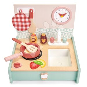 Dřevěná kuchyňka v šuplíku Kitchenette Tender Leaf Toys s hodinami pánvičkou a potravinami