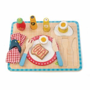 Dřevěný tác se snídaní Breakfast Tray Tender Leaf Toys 12dílná souprava s talířem a příborem