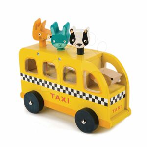 Dřevěné žluté auto Animal Taxi Tender Leaf Toys 3 zvířátka se zvuky od 18 měsíců
