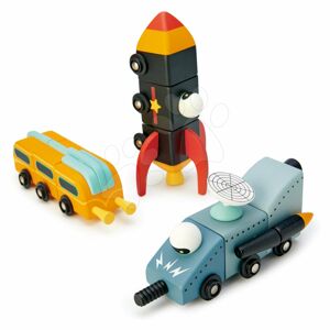 Dřevěná kosmická auta Space Race Tender Leaf Toys třídílná skládací kombinovatelná